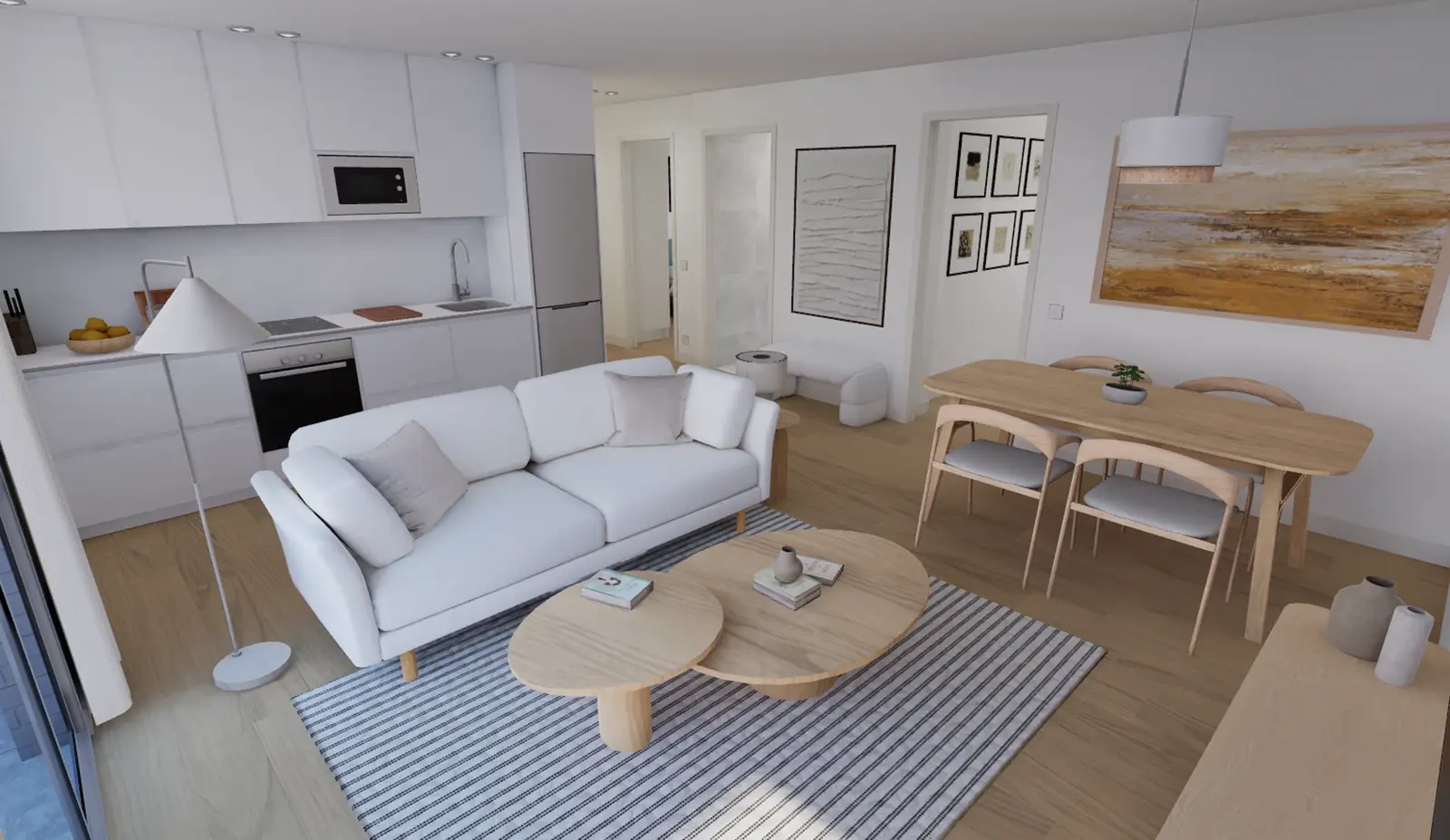 Render del salón y la cocina de una villa de Dos Valles II