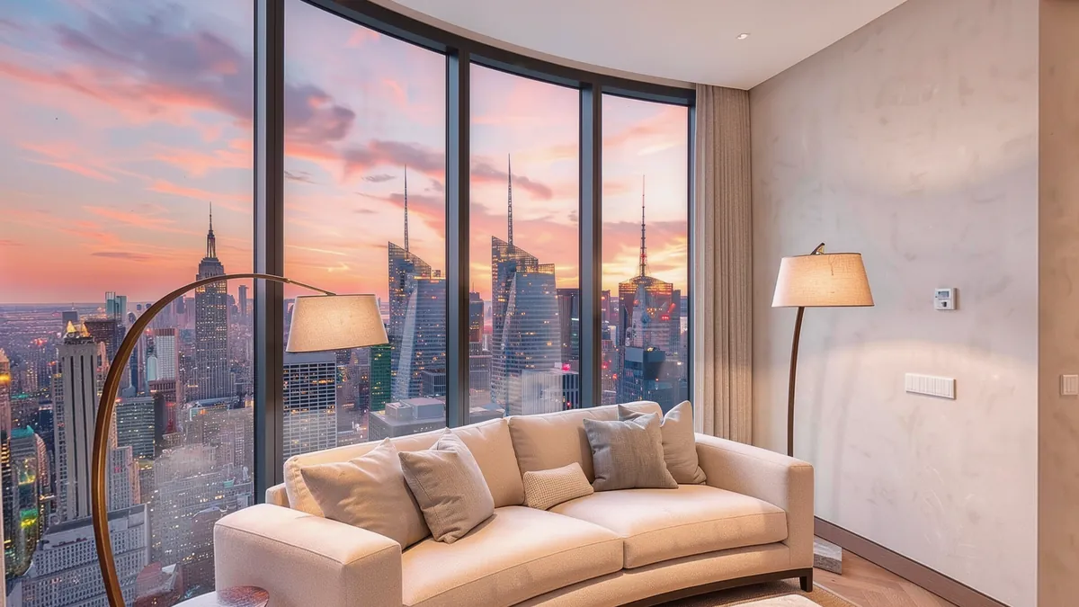 Recreación de un ático contemporáneo al atardecer, con el salón abierto a la ciudad